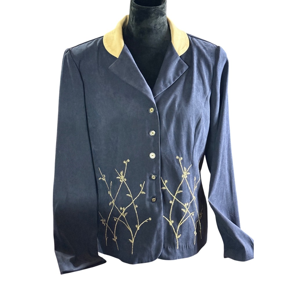 Kari's Place Embroidered Button Front Jacket Size L Navy Blue
